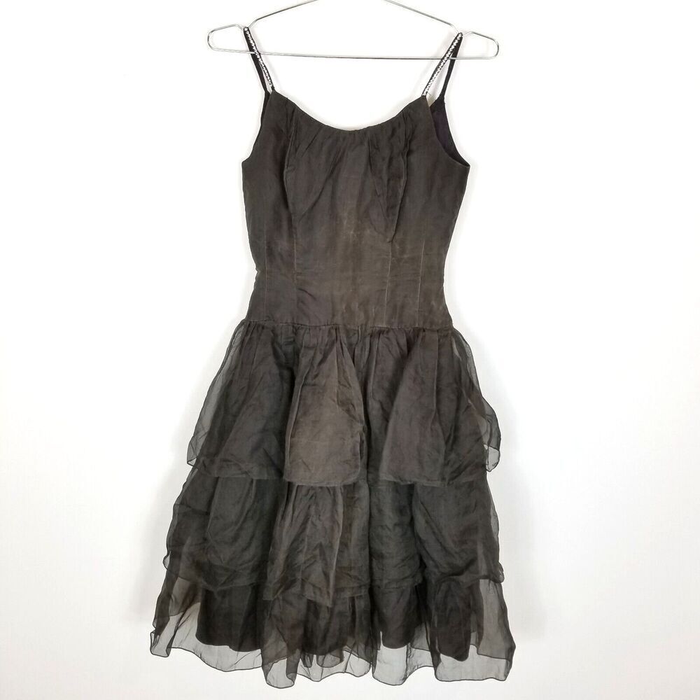 VTG Fairycore Organza Ra Ra Cocktail Party  Dress Sz S‎ Drop Waist Brown Grunge